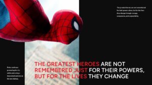 Spider-Man legacy impact slide with cinematic split layout, red and white headline, and emotional theme for strong closing moments.