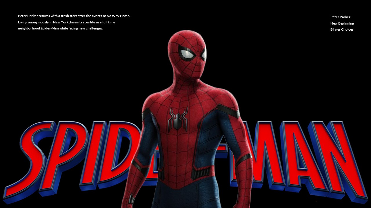 creative Spider-Man Brand New Day cover slide template with dark cinematic background, bold logo, and text placeholders.spiderman in black bg