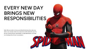 Spider-Man responsibility theme slide with white background, bold black headline, and hero figure for key message delivery.