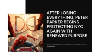 Spider-Man story introduction slide with dark split layout, bold headline, and movie poster image for narrative openings.