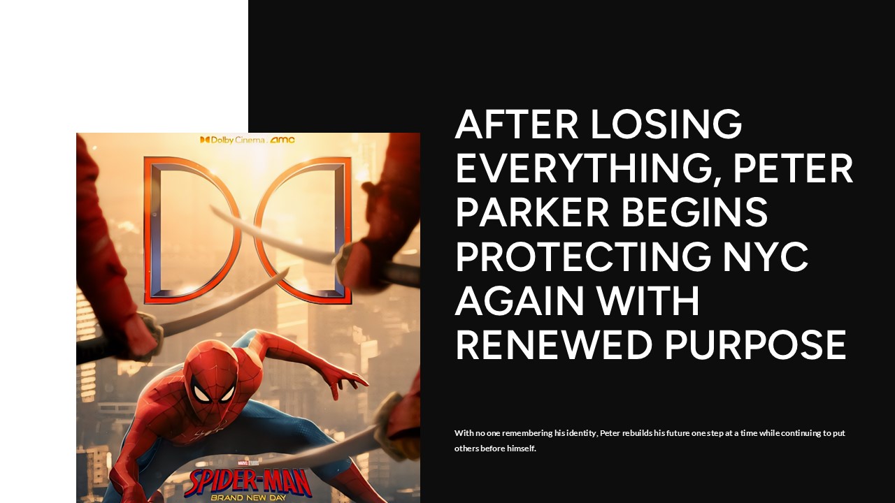 Spider-Man story introduction slide with dark split layout, bold headline, and movie poster image for narrative openings.