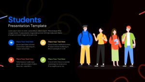 Dark mode students presentation template with electric blue title, white text, and colorful icon grid for PowerPoint and Google Slides