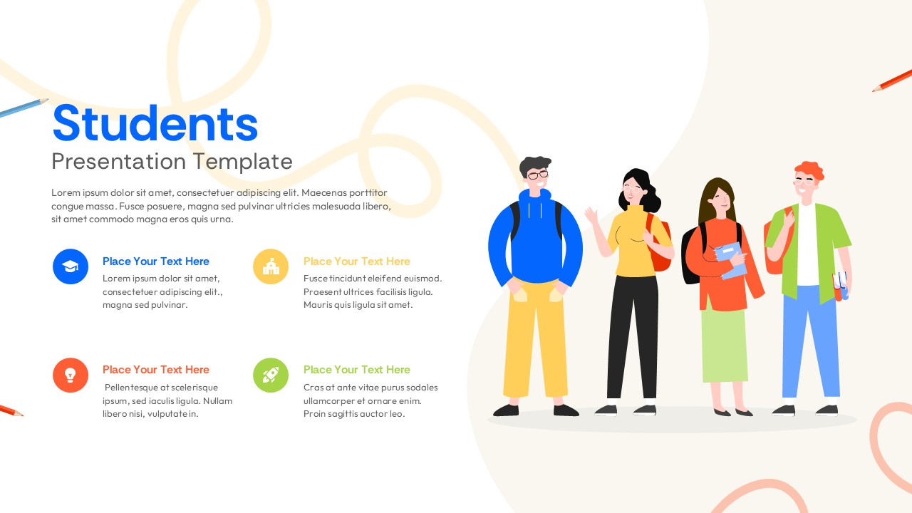 Students presentation template with light cream background, diverse student illustrations, and icon grid for PowerPoint and Google Slides