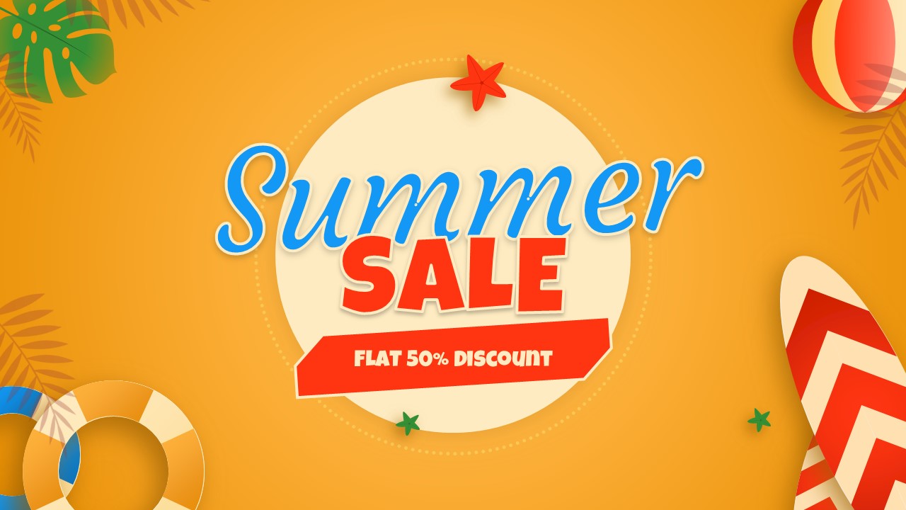 Summer Sale Template slide with beach ball, palm leaves, pool float, and flat 50% discount ribbon