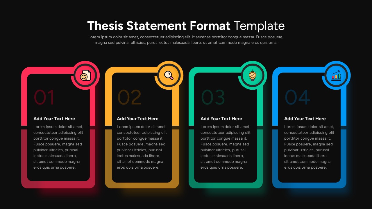 Dark mode thesis statement format Google Slides template with 4-step numbered card infographic layout