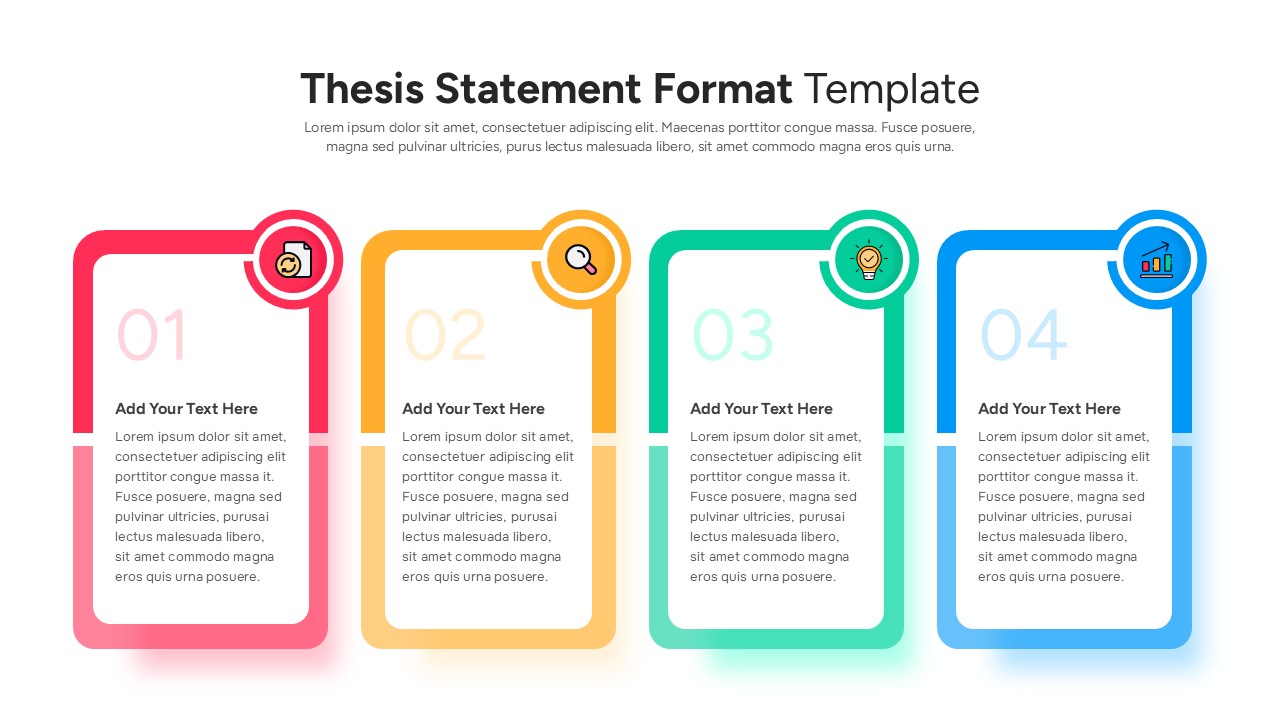 Thesis statement format PowerPoint template with 4-column numbered card layout in light theme