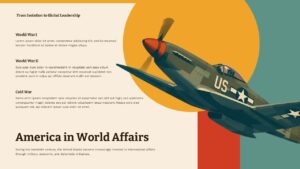 America in World Affairs PowerPoint slide with WWII P-51 Mustang illustration and stacked text sections on WWI, WWII, and Cold War.