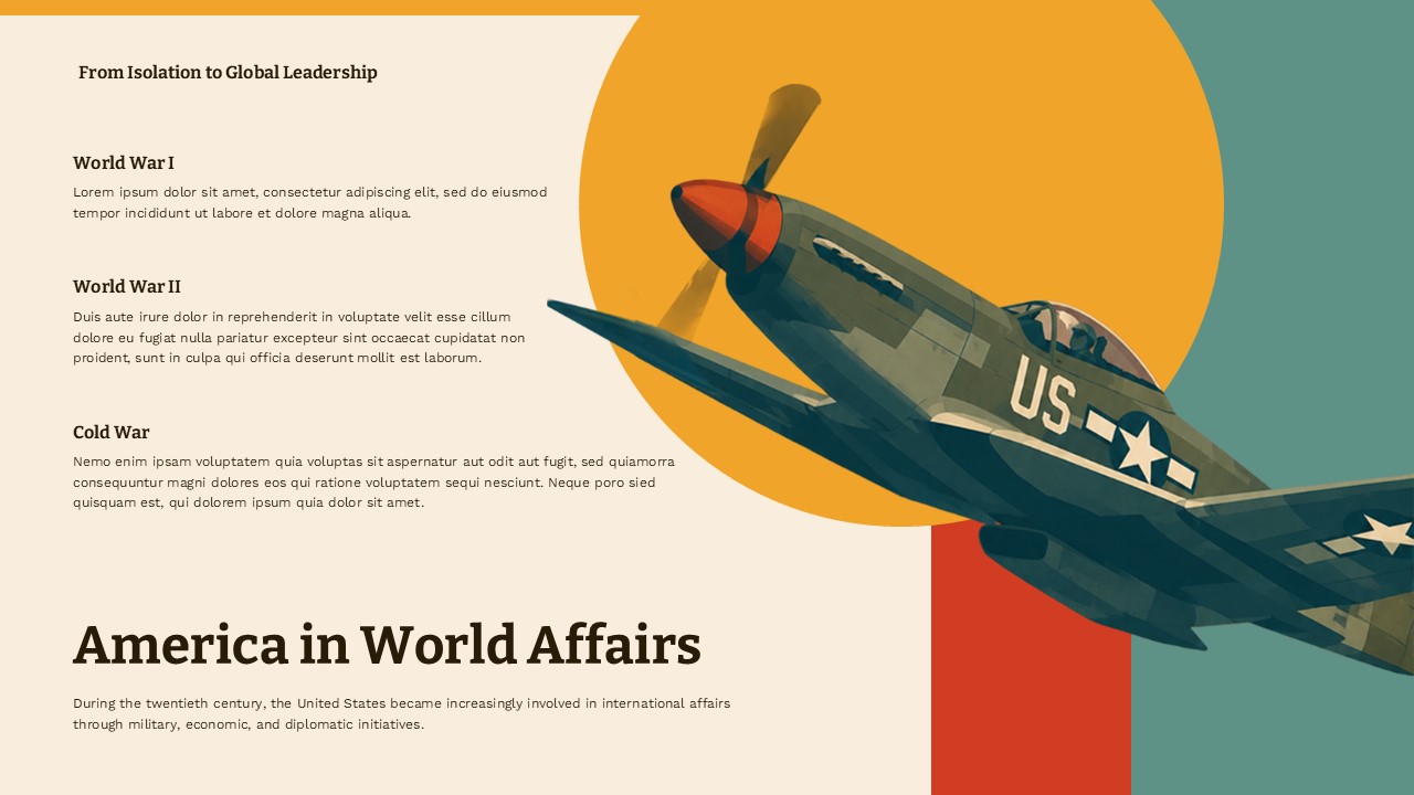 America in World Affairs PowerPoint slide with WWII P-51 Mustang illustration and stacked text sections on WWI, WWII, and Cold War.