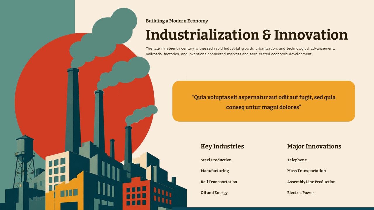 Industrialization & Innovation PowerPoint slide with factory cityscape illustration, pull quote box, and two-column key industries list.