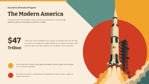 Modern America PowerPoint slide with NASA rocket illustration, $47 trillion statistic callout, and bullet points on innovation and progress.