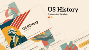 US History PowerPoint & Google Slides template cover slide with George Washington illustration in retro patriotic style.