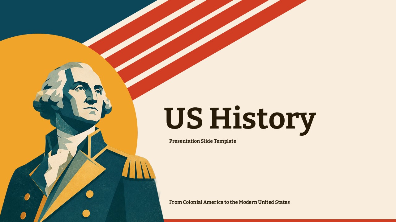 Preview of US History PowerPoint & Google Slides template showing multiple slides in retro patriotic cream, red, and teal design.