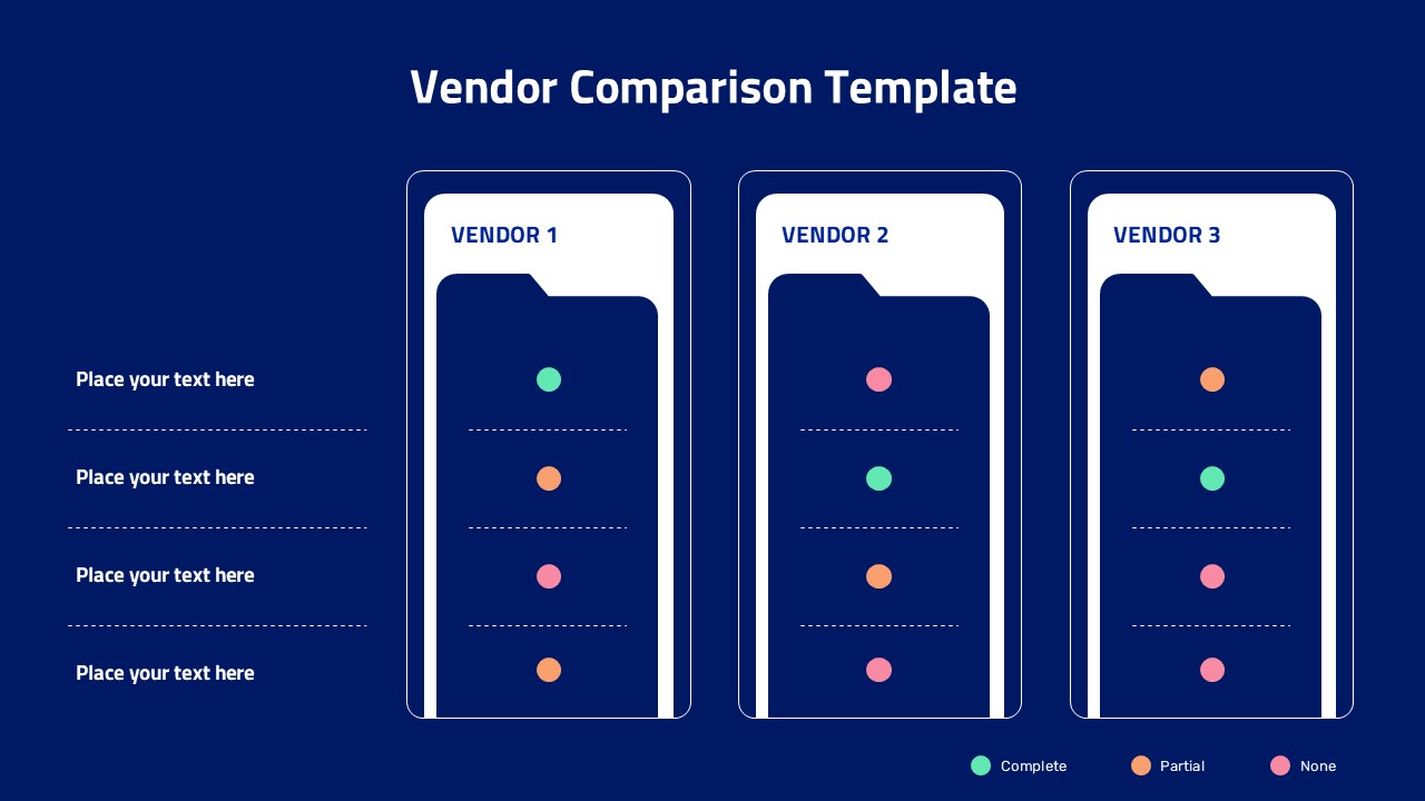 Vendor comparison slide with three vendor cards on dark navy background