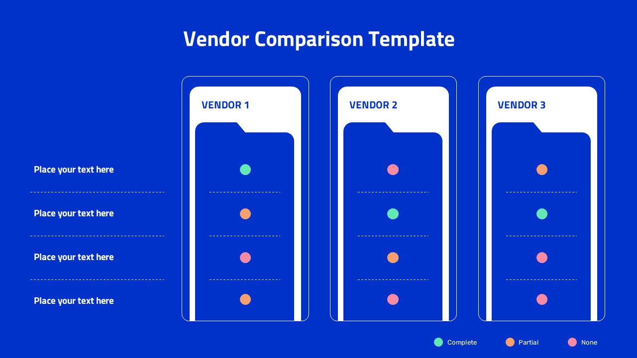 Vendor comparison slide with three vendor cards on blue background