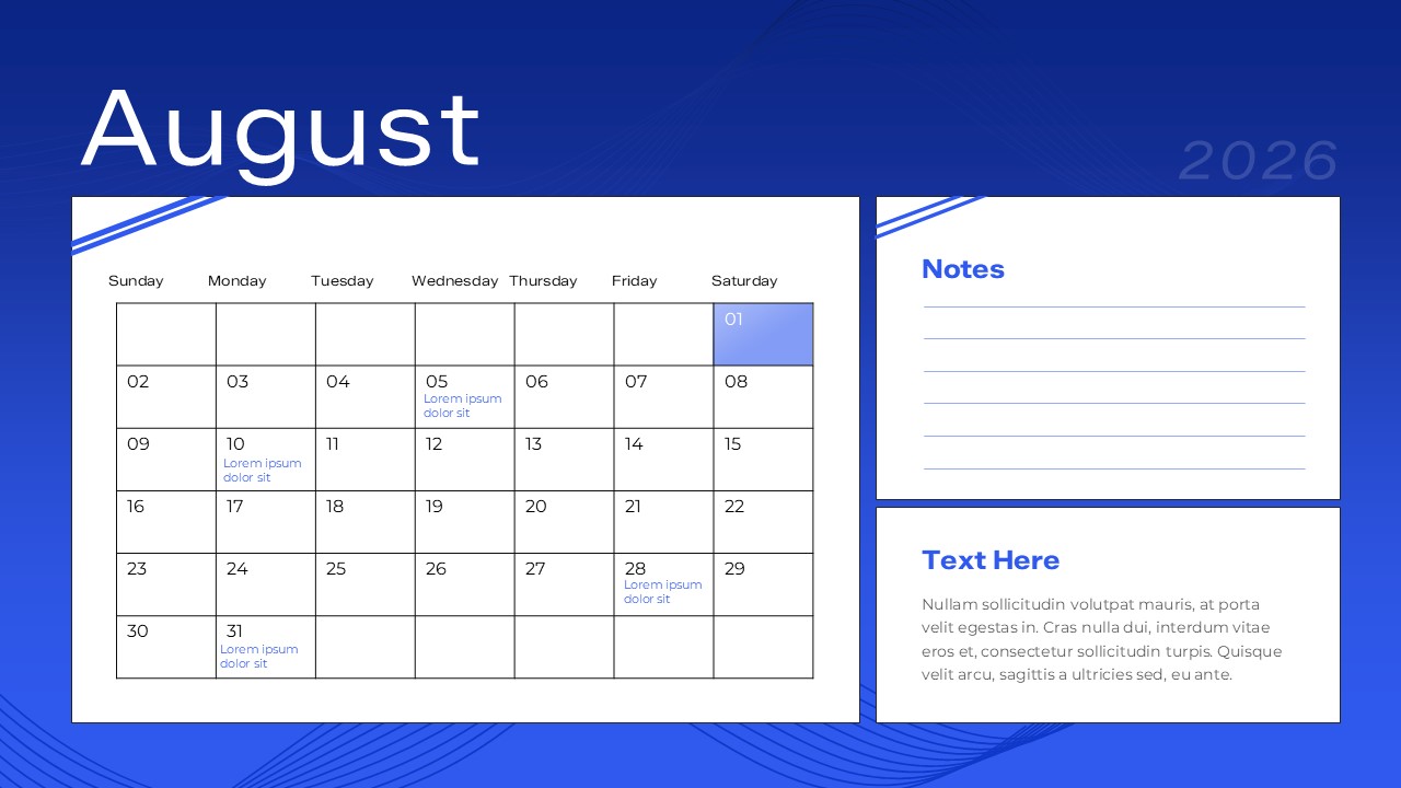 Editable August 2026 calendar PowerPoint template featuring a monthly planner, notes section, and text area on a blue background.