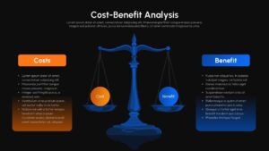 Dark-theme cost-benefit analysis slide with dramatic balance scale, orange costs and blue benefits on black background.