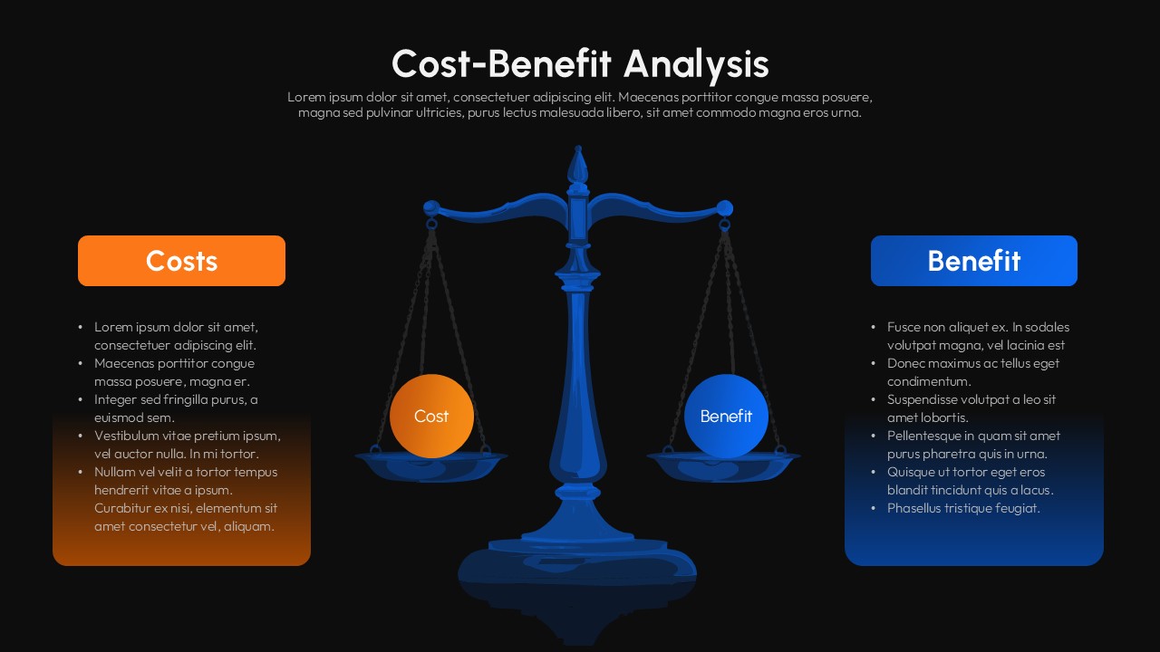 Dark-theme cost-benefit analysis slide with dramatic balance scale, orange costs and blue benefits on black background.