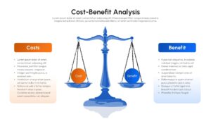 Light-theme cost-benefit analysis slide with balance scale, orange costs vs. blue benefits columns for decision presentations.
