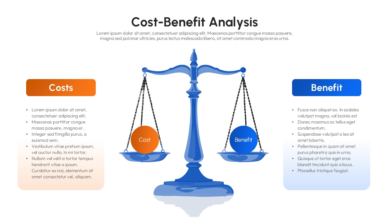 Light-theme cost-benefit analysis slide with balance scale, orange costs vs. blue benefits columns for decision presentations.