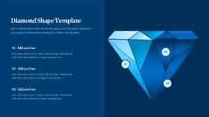 Dark navy PowerPoint slide with 3D diamond graphic and 3 numbered sections for premium business presentations.