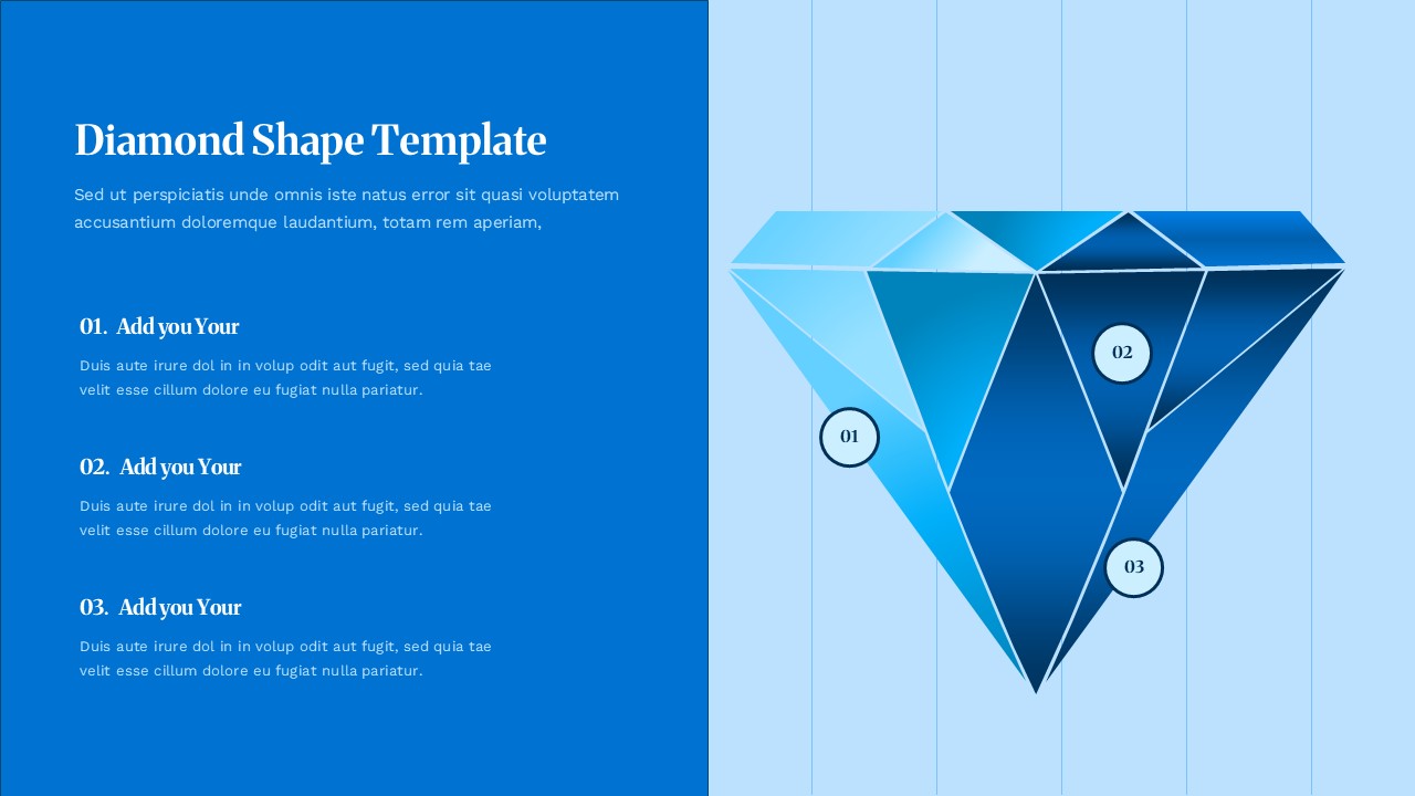 Light blue PowerPoint slide with translucent 3D diamond and 3 numbered points for clean corporate presentations.