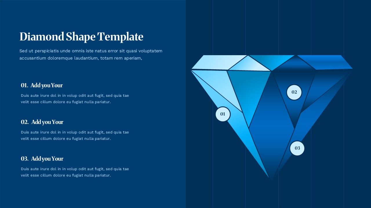 Dark navy PowerPoint slide with 3D diamond graphic and 3 numbered sections for premium business presentations.