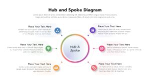 Hub and spoke diagram template with 6 nodes on white background