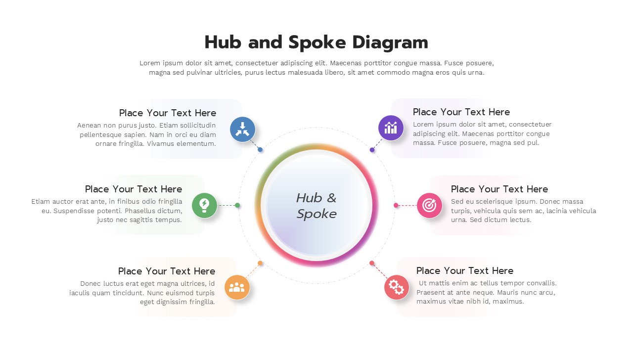 Hub and spoke diagram template with 6 nodes on white background
