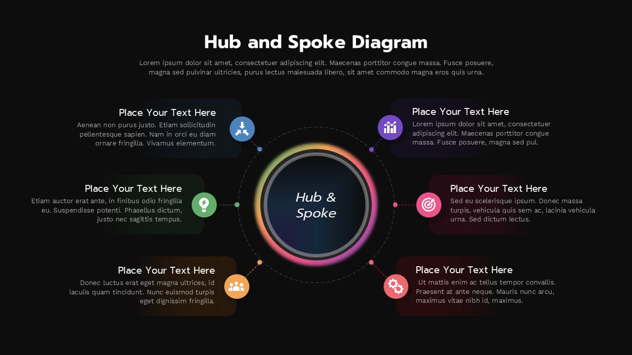 Dark mode hub and spoke diagram with 6 radial nodes