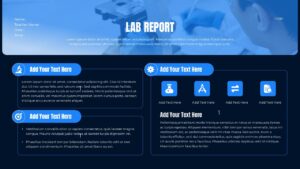 Dark-themed lab report Google Slides template with navy background, blue icons, and two-column layout for science presentations.