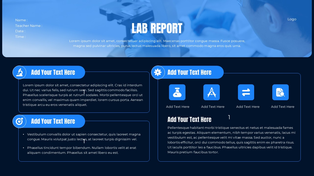 Dark-themed lab report Google Slides template with navy background, blue icons, and two-column layout for science presentations.