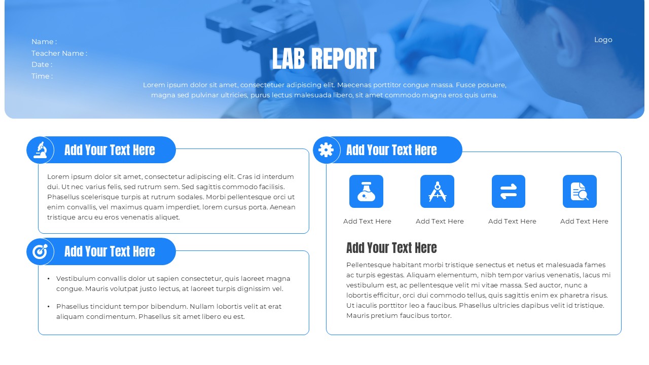 Light-themed lab report PowerPoint template with two-column layout, blue icons, and student info fields for science presentations.