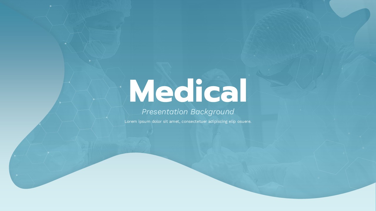 Medical presentation cover slide with teal gradient, ghosted surgeons, and hexagonal molecular pattern for healthcare decks.