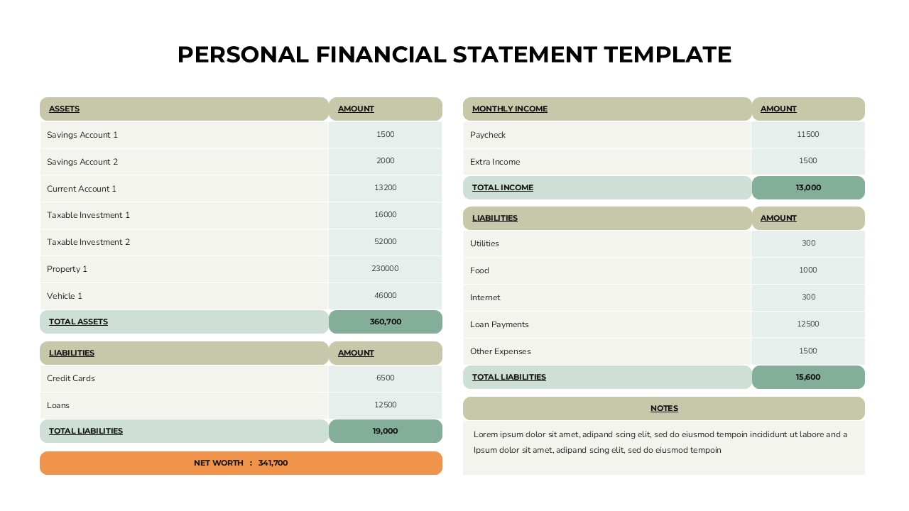 Personal financial statement PowerPoint template with assets, liabilities, net worth, and monthly income tables in light theme.