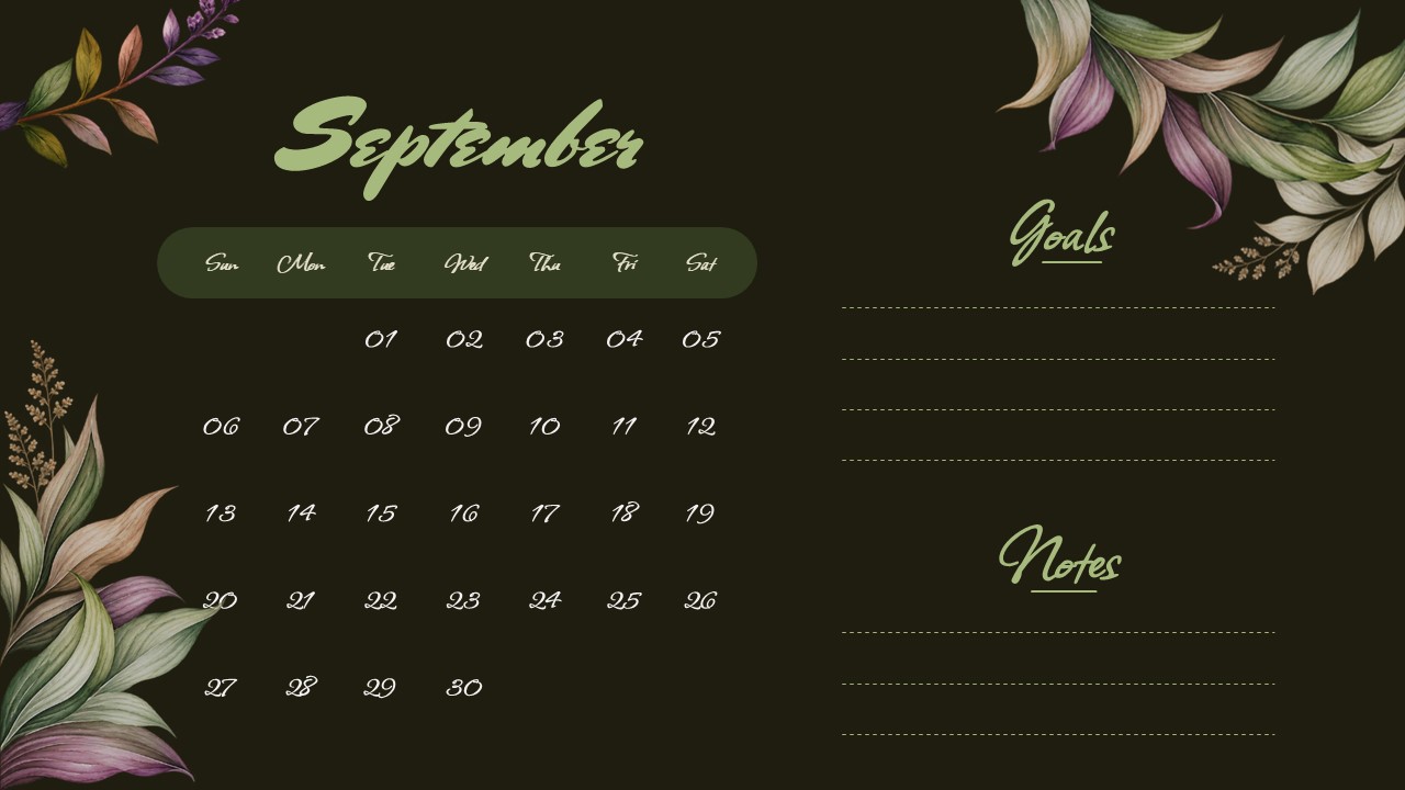 Dark floral September calendar template for PowerPoint and Google Slides with Goals and Notes sections
