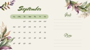 September calendar template in a light cream theme with floral accents and Goals and Notes sections