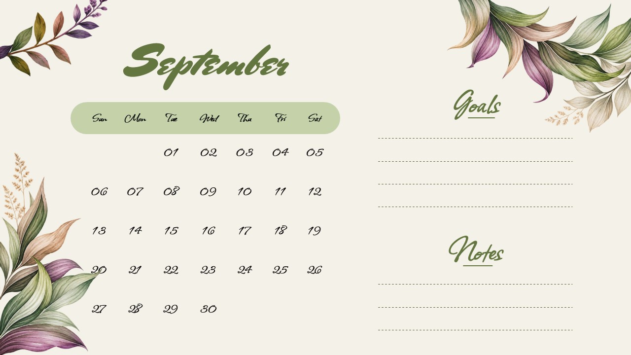 September calendar template in a light cream theme with floral accents and Goals and Notes sections