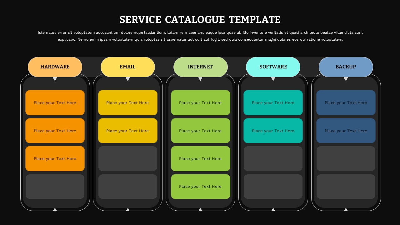 Dark-mode service catalogue slide with vibrant color-coded columns on a deep charcoal background.
