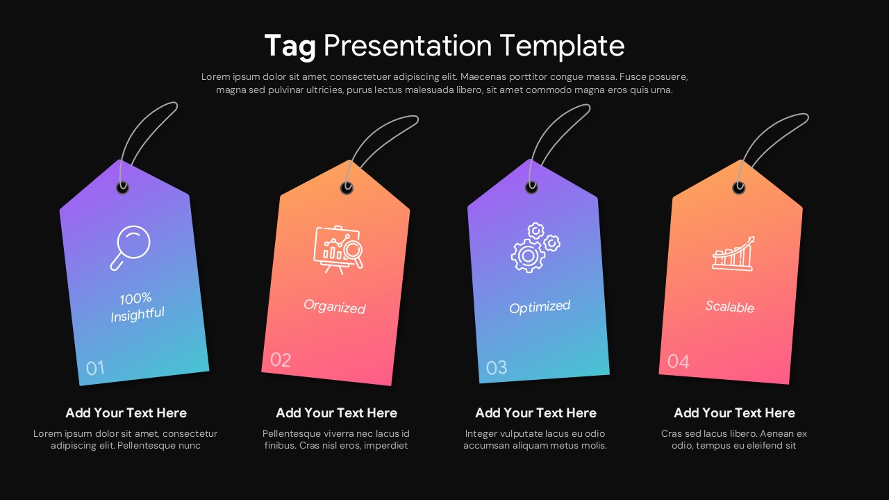 Dark mode tag presentation template with vibrant gradient price tag infographic layout for PowerPoint and Google Slides