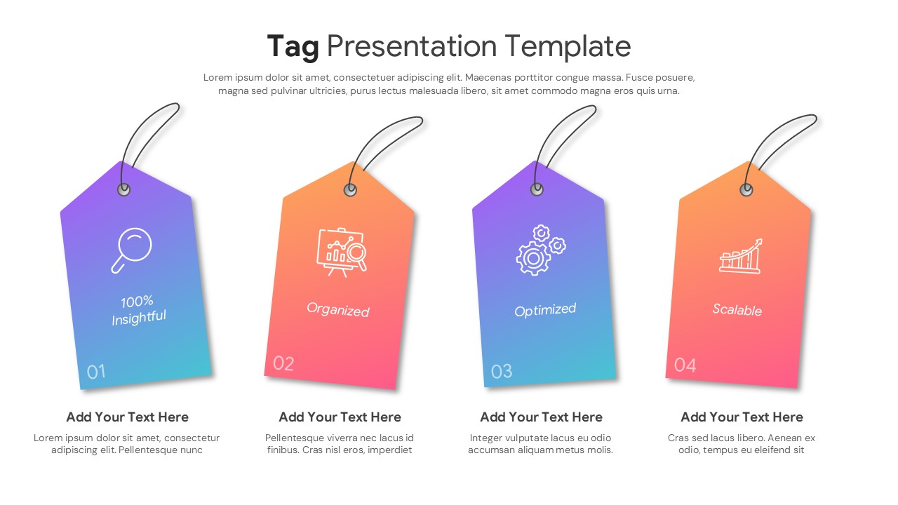 Tag presentation template with 4 gradient price tag infographic columns for PowerPoint and Google Slides