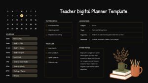 Dark mode teacher planner template – charcoal background with gold borders, calendar, schedule, lesson plan, and checklist sections