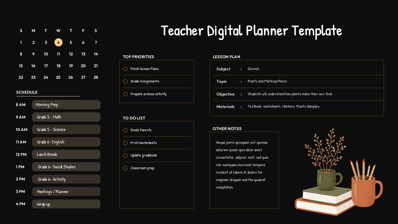Dark mode teacher planner template – charcoal background with gold borders, calendar, schedule, lesson plan, and checklist sections