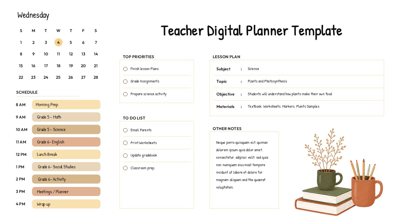 Teacher daily planner template – warm beige layout with calendar, schedule, lesson plan, priorities, and to-do checklist