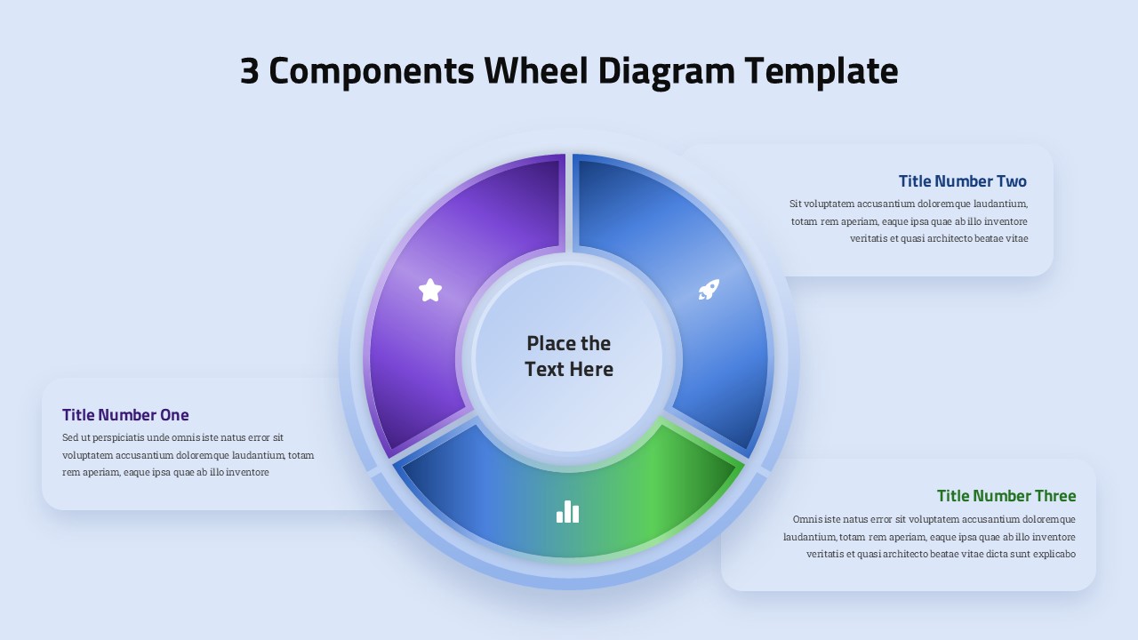 3 component wheel diagram PowerPoint template with gradient donut chart on soft blue background