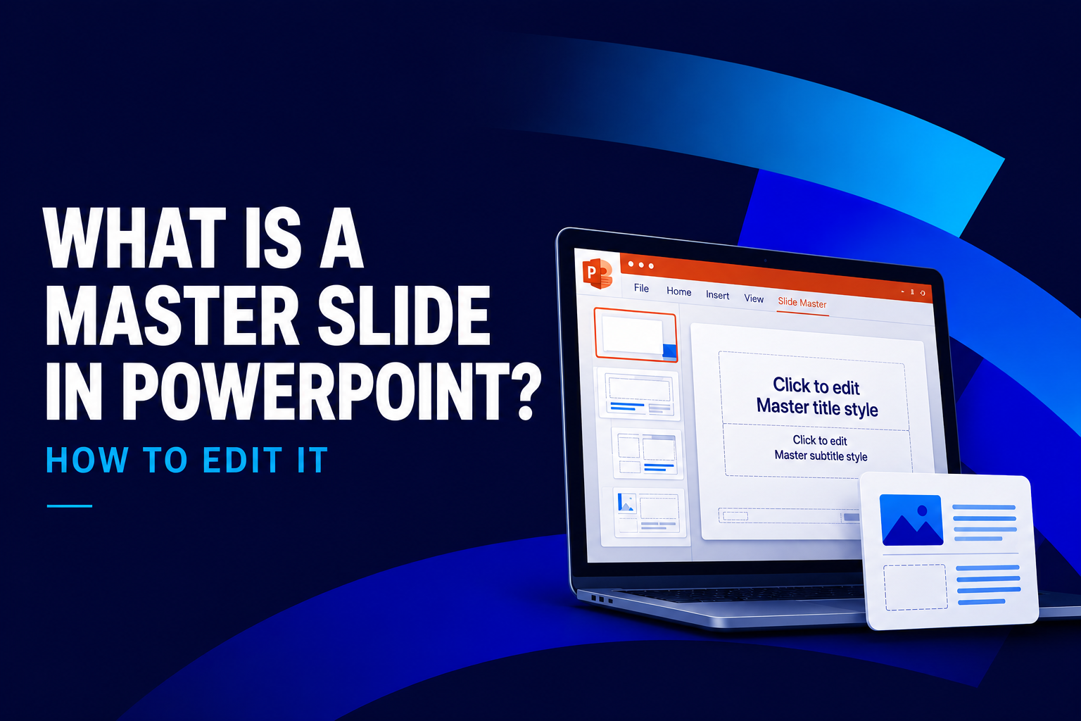 Master Slide in PowerPoint displayed on a laptop with the Slide Master editing interface, showing editable title, subtitle, layout placeholders, and presentation design elements.