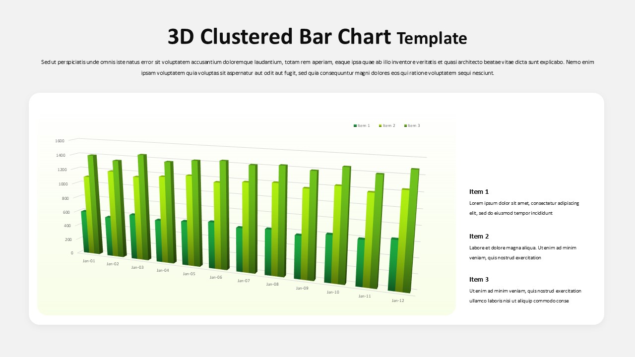 Light theme 3D clustered bar chart slide comparing 3 data series across 12 months in green tones.