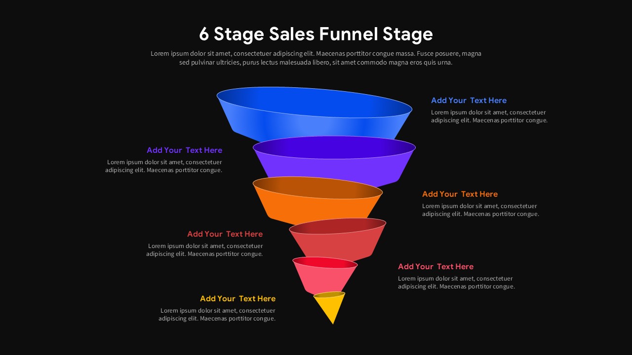 Dark mode 6 stage sales funnel Google Slides template with vibrant 3D funnel and white text on black background