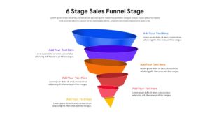 6 stage 3D sales funnel PowerPoint template with color-coded layers and alternating callouts on white background