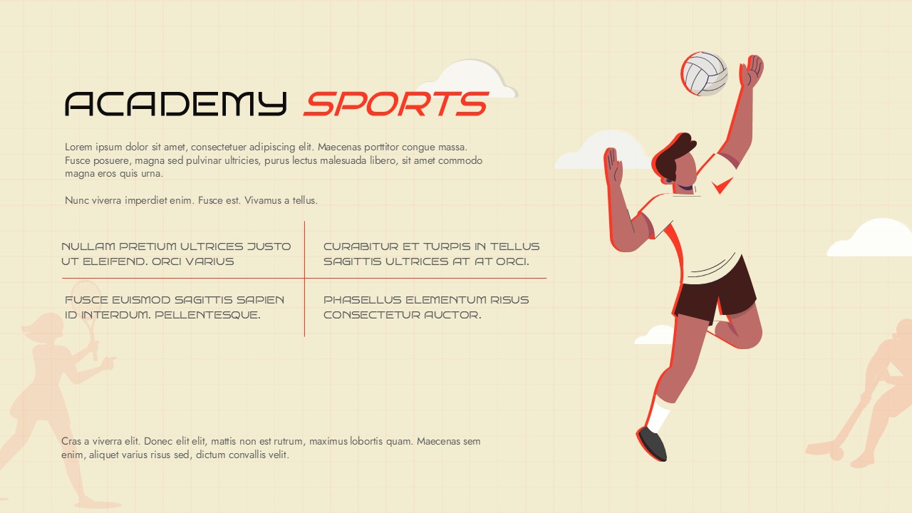 Academy Sports Google Slides template – cream beige alternative theme with red accents and volleyball player illustration