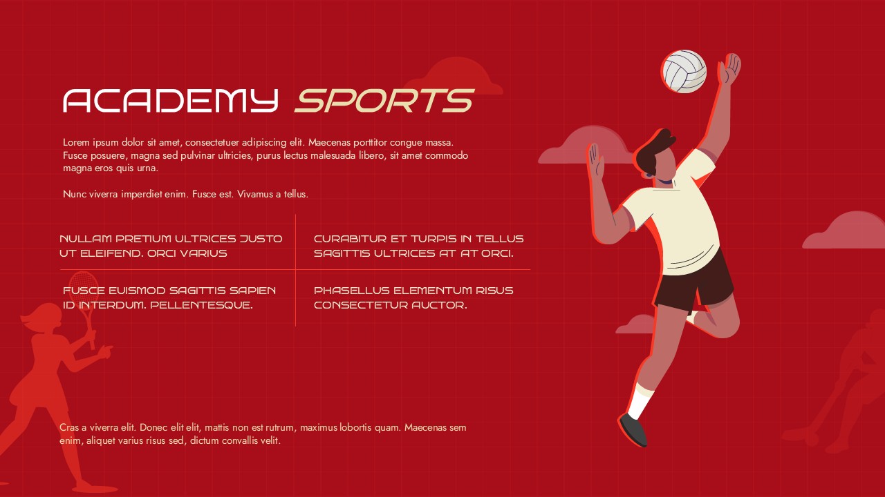 Academy Sports PowerPoint template – bold red slide with volleyball player illustration and 2x2 content grid